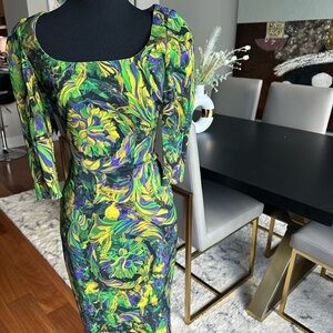 Versace Collection Green and Blue Bodycon Dress with Puff Sleeves